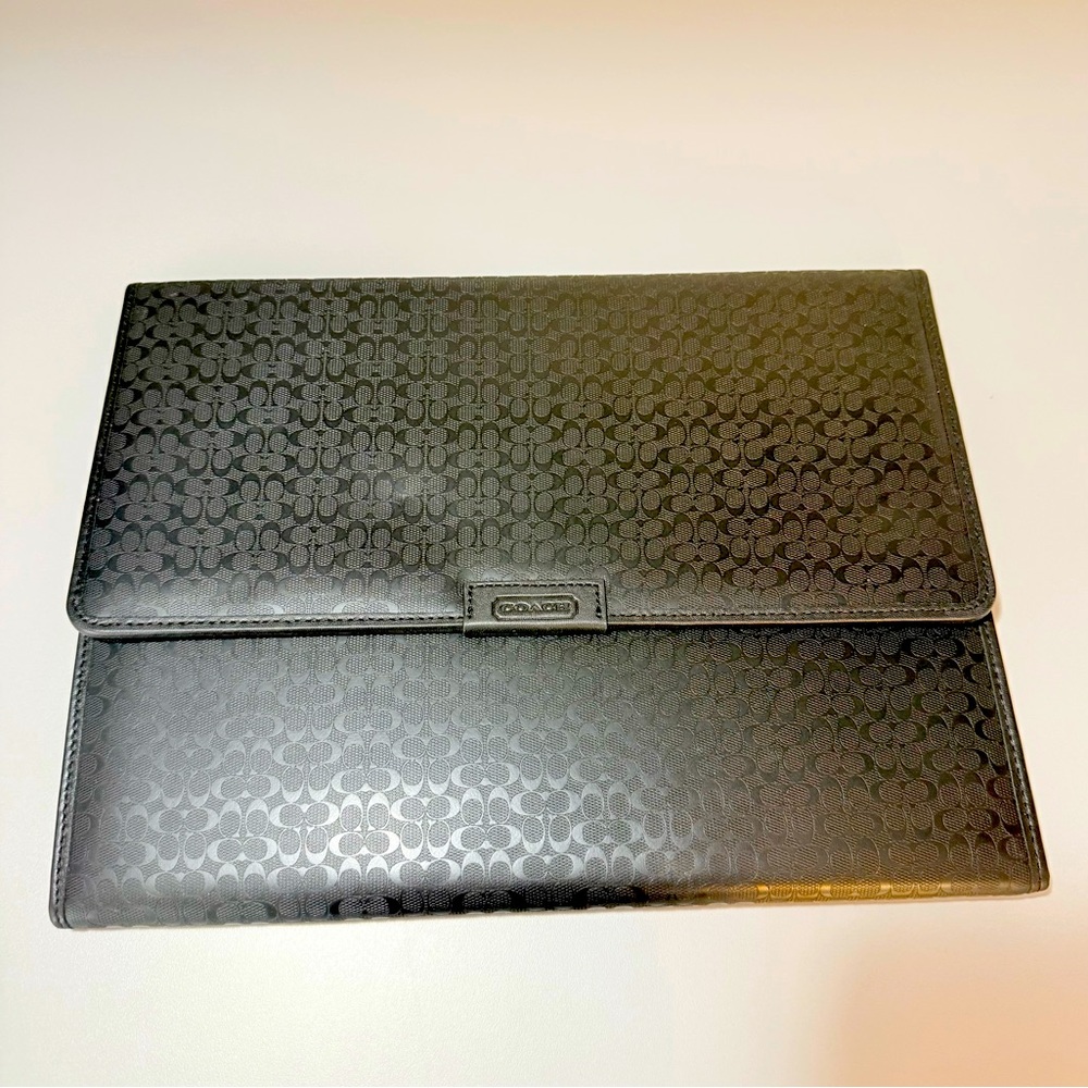Coach Logo Leather Portfolio Organizer Black Signature Document Case Tri Folder